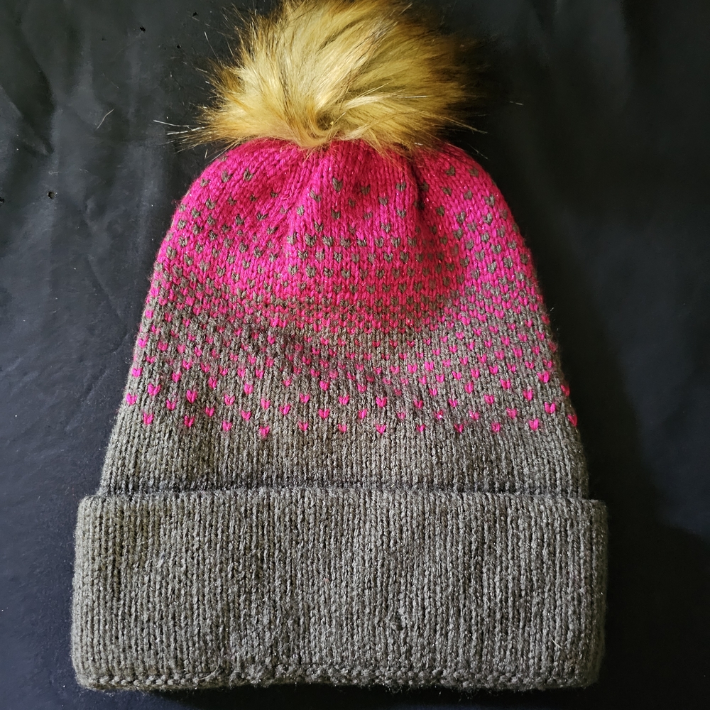 Stylish Pink and Gray Knit Beanie with Faux Fur Pom